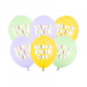 Ballonger, Happy Birthday, pastellmix, 6-pack