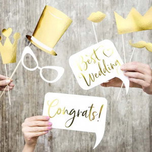 Fotoprops Bröllop guld, 10-pack - PartyDeco